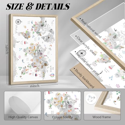 Joocrise Grey Kids World Map Wall Art Animal Map Canvas Wall Art Nursery Wall Decor World Map Poster Childrens Room Decor Playroom Prints Educational Artwork 16x24 Inch Wood Frame - Image 2