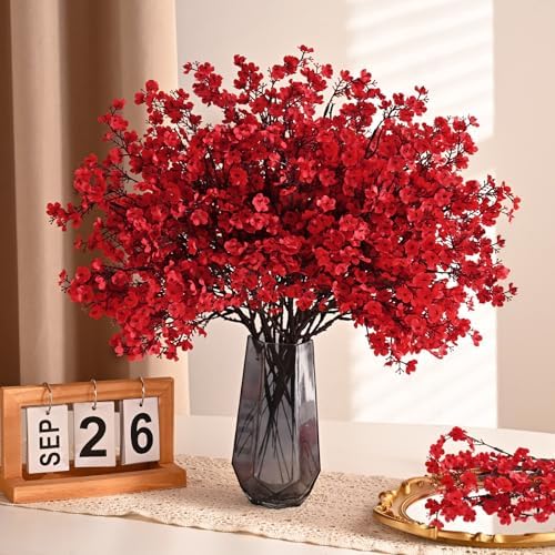 Waipfaru Red Fake Flowers, 6 Pcs Baby's Breath Artificial Flowers, Real Touch Silk Flowers Fall Stems for Spring Summer Fall Thanksgiving Christmas Decor Floral Arrangement, 19 Inches - Image 6