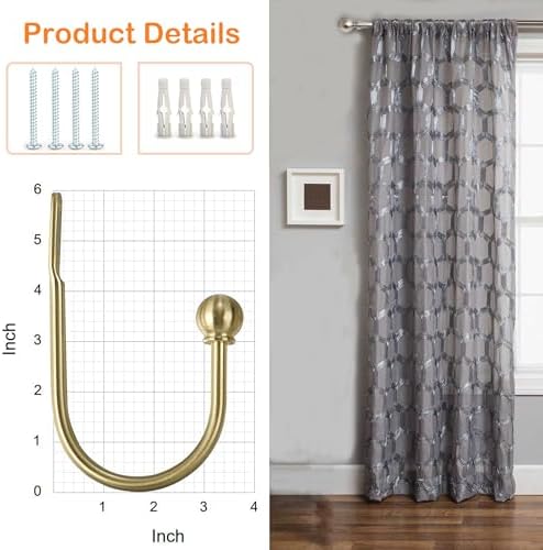 ARNORX Curtain Holdbacks, Hooks, 2 PCS，Solid Steel Hooks, Decorative French Ball End, Curtain Drapery Holdbacks, Wall Mounted, Curtain Tiebacks, Brass Brushed - Image 5