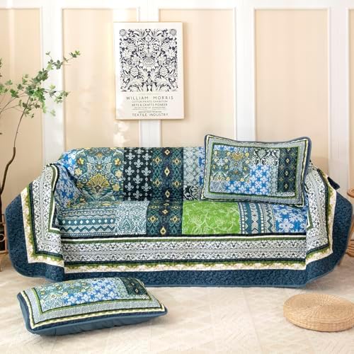 WONGS BEDDING Boho Quilt Queen, 3 Pieces Teal Patchwork Quilt Soft Coverlet Reversible Lightweight Farmhouse Quilts with 2 Pillow Shams for All Seasons (96"x90") - Image 6