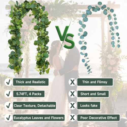 4 Packs 5.74 Ft Artificial Eucalyptus Garland Leaves with Flowers Artificial Fake Greenery Hanging Vines for Wedding Table Home Stairs Decor Decorations Garland for Mantle - Image 5