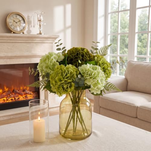 Pinkpum 6 Pcs Mix Green Hydrangea Artificial Flowers with Fens & Eucalyptus - Image 6