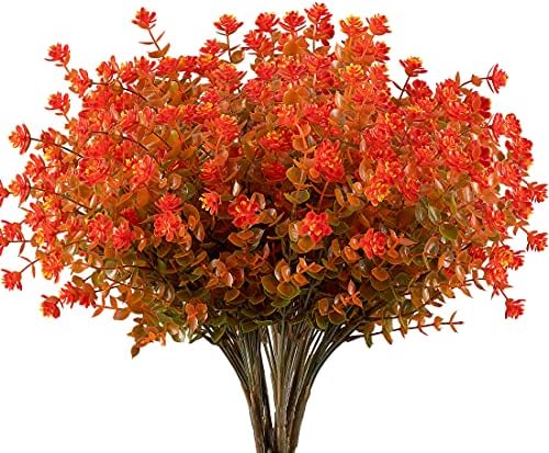 10PCS Artificial Eucalyptus Plants,Fake Boxwood Shrubs UV Resistant No Fade Faux Plastic Greenery for Outdoor Home Garden Kitchen(Fall Orange) by URSTOUD