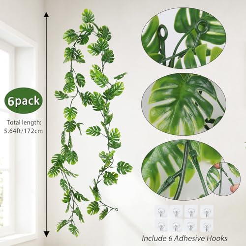 RECUTMS 6Pc Artificial Monstera Leaves Vine 5.9FT Plastic Palm Ivy Garland - Image 3