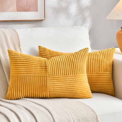 Fancy Homi 2 Packs Gold Yellow Lumbar Decorative Throw Pillow Covers 12x24 Inch for Couch Bed Sofa, Rustic Farmhouse Boho Spring Home Decor, Soft Striped Corduroy Rectangle Accent Cushion Case 30x60cm by Fancy+Homi