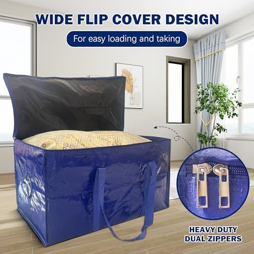 8 Pack Extra Heavy Duty Large Moving Bags with Strong Zipper & Carrying Handles, Sturdy Clothes Storage Bags Totes Bins, Packing Bag Move Boxes College Moving Supplies, Dark Blue - 24 gal - Image 3