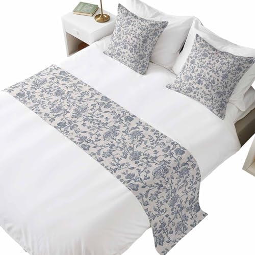 Beige Farmhouse Bed Runners for Cal King Size Beds Blue Boho Flower Bed Scarf Matching Decorative Throw Pillow Covers Vintage Botanical on Linen Hotel Beds End Blanket Towel Soft Bedspread Protection by Unknown