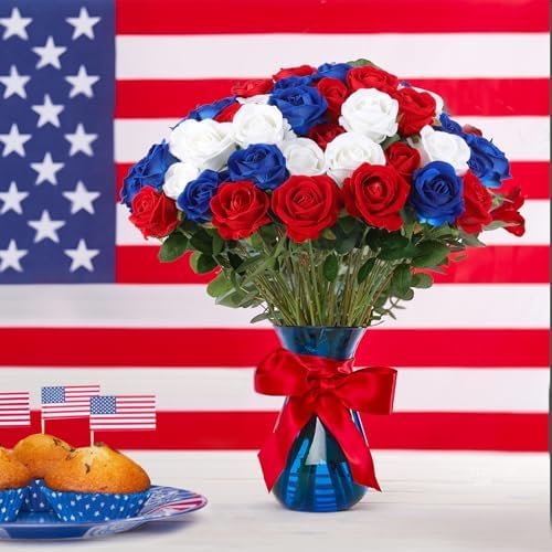 Hananona 50 Pcs Artificial Roses, Realistic Silk Flowers Bulk, RWB - Image 4