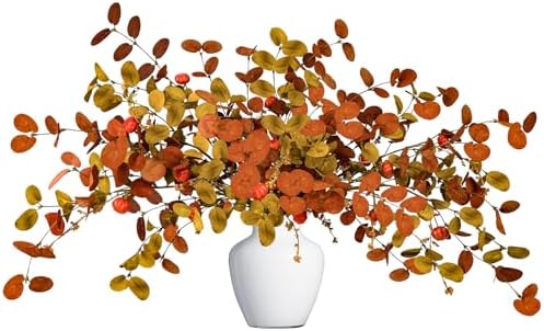 Uieke 8PCS Artificial Fall Eucalyptus Stems, 28inch Fall Eucalyptus Leaves Branches with Orange Pumpkins Long Stems Fall Decorations for Home Autumn Florals Arrangement Thanksgiving Decor by Uieke