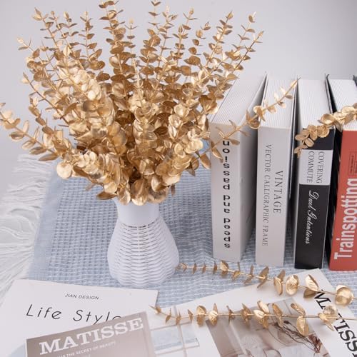 FEQO 120 Pcs Gold Artificial Eucalyptus Stems 15" Faux Eucalyptus Branches - Image 5