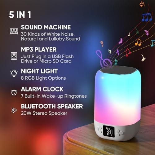 Nightlight Bluetooth Speaker Alarm Clock, Sound Machine with White Noise - Image 2