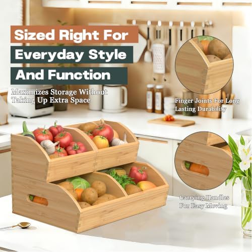 Potato and Onion Storage Bin, Stackable Pantry Organizers for Kitchen Countertop, Ventilated Bamboo Storage Baskets with Handles, Multipurpose Organization Containers for Fruit, Vegetable, 3 Pack - Image 4
