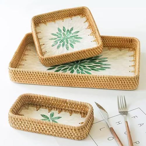 i-lan Set of 3 15" Rectangular Rattan and Mother of Pearl Serving Tray, Green Leaf Pattern Decorative,Boho Rectangule Natural Rattan Woven Trays for Entryway Kitchen Bathroom Counter - Image 6