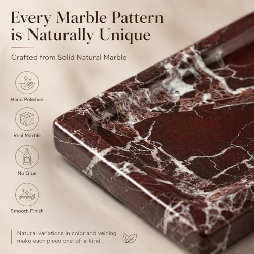 Marble Decorative Tray for Home Decor, Red Vanity Tray for Bathroom Countertop, Small Perfume Tray for Dresser, Luxury Stone Organizer for Jewelry, Candles & Skincare, 11 x 4.7 in - Image 3