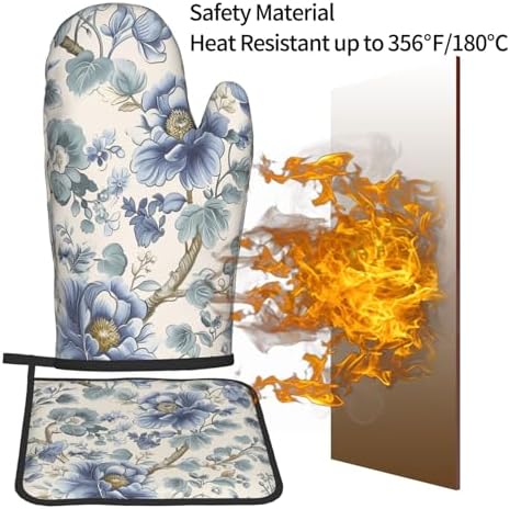 Chinoiserie Style Oven Mitts and Pot Holders Sets Blue Floral Trees Oven Mitts Heat Resistant Vintage Flowers Kitchen Gloves Hot Pads Two Piece Set for Cooking Baking Grilling BBQ - Image 5