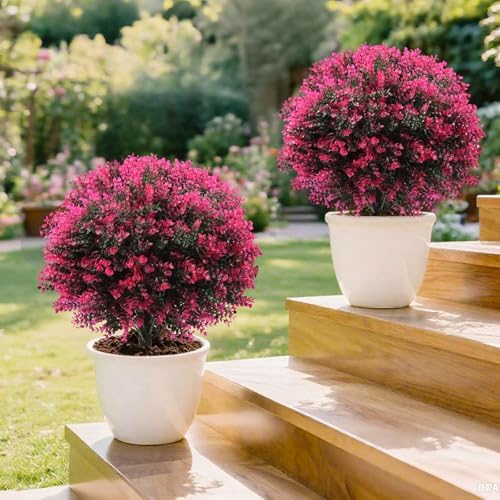 2pcs 25" Artificial Rose Boxwood Topiary Ball Bush for Outdoor - Image 6