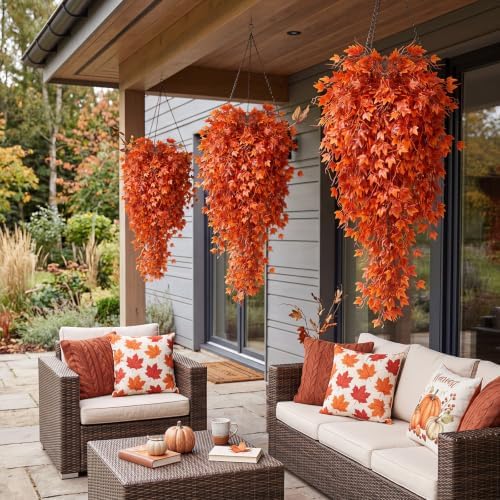 Daifunli 12 Pcs Artificial Fall Hanging Plants Fake Hanging Ferns Plastic Autumn Faux Plants for Wall Room Garden Garland Indoor Outdoor Decor No Basket (Maple Leaves) - Image 3