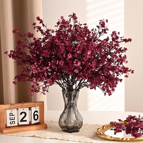 Waipfaru 6Pcs Fake Flowers Babys Breath Silk Artificial Flowers Gypsophila Bouquets Bulk Real Touch Fall Stems for Fall Thanksgiving Decor Autumn DIY Floral Arrangement Table Centerpieces, Wine Red - Image 6