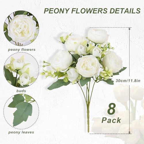 8 Packs Peonies Artificial Flowers, White Silk Flowers Artificial Peonies - Image 4