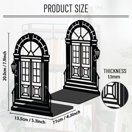 WADORN Gothic Porch Metal Decorative Bookends, Vintage Porch Heavy Duty Book Stand Retro Black Non-Skid Book Holder Stopper for Home Office School Library Study Room Back to School, 5.3x4.3x7.9 Inch - Image 2