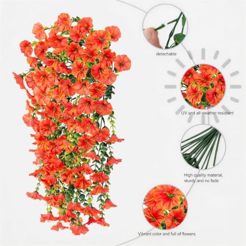 Orange Artificial Fall Petunias Flowers, 4 Pcs Silk Faux Flowers UV Resistant No Fade Fake Plants, Realistic Indoor Outdoor Decor for Garden Balcony Yard Porch - Image 4