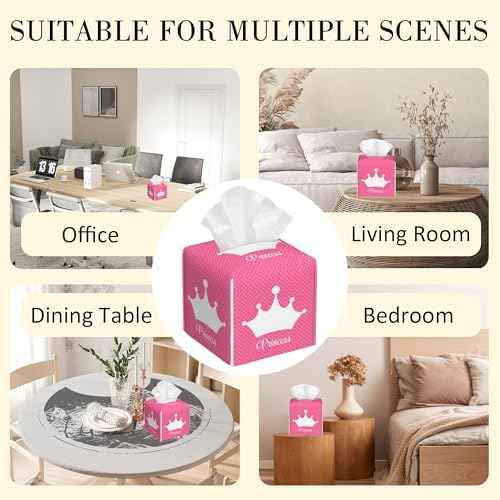 Leather Tissue Box Holder Pink Princess Crown Tissue Box Cover Square Waterproof Tissue Holder Organizer Modern Napkin Holder for Bedroom Dresser Night Stand Office Desk - Image 6