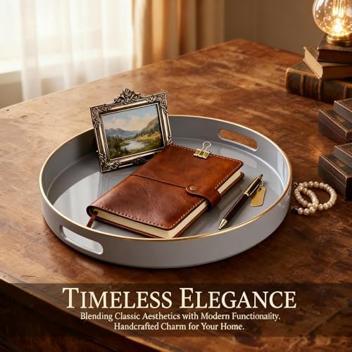 Decorative Tray, Round Plastic Tray with Handles, Modern Vanity Tray and Serving Tray for Ottoman, Coffee Table, Kitchen and Bathroom, Size 13” (Gray) - Image 6