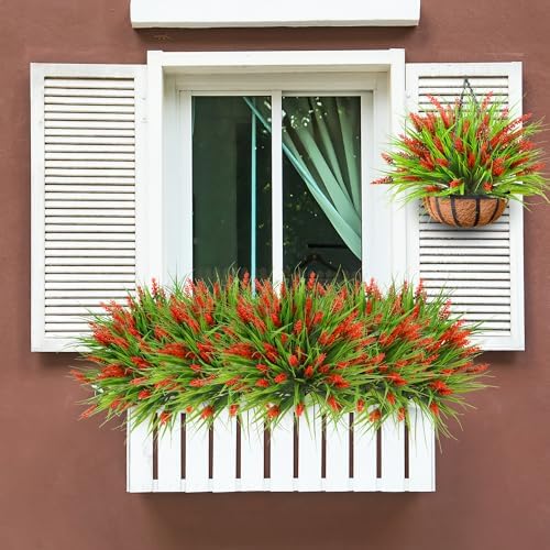Sggvecsy 12 Bundles Artificial Plants Outdoor Faux Lavender Flowers Fake Monkey Grass UV Resistant Plastic Greenery Plants for Garden Home Porch Window Patio Hanging Planter Indoor Decor (Red) - Image 3