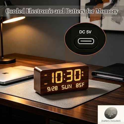 Wooden Digital Alarm Clock for Bedroom - Desk Clock with Date, Day of Week, Temperature, Dual Alarms, Dimmer, USB Port Charge, DST, Adjustable Volume for Living Room/Office Wood Decor (Brown) - Image 2