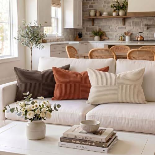 Fancy Homi 2 Packs Rust Long Lumbar Decorative Throw Pillow Covers 12x24 Inch for Couch Bed Sofa, Farmhouse Boho Home Decor, Soft Corduroy Patchwork Rectangle Terracotta Cushion Case 30x60 cm - Image 2