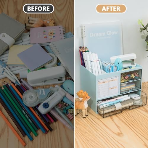 QIYVLOS Desk Organizer with 3 Drawer, Multi-Functional Pencil Pen Holder for Desk, Desk Organizers and Storage with 8 Compartments, Desktop Organizer for Office Home Art Supplies (Blue) - Image 3