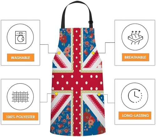 WONDERTIFY British Flag Apron,England Flag in Chic Floral Style Bib Apron with Adjustable Neck for Men Women,Suitable for Home Kitchen Cooking Waitress Chef Grill Bistro Baking BBQ Crafting Apron - Image 5