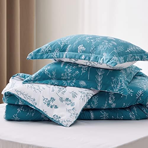 Bedsure Floral Comforter Set Cute Bedding Set Full Reversible Teal Blue - Image 6