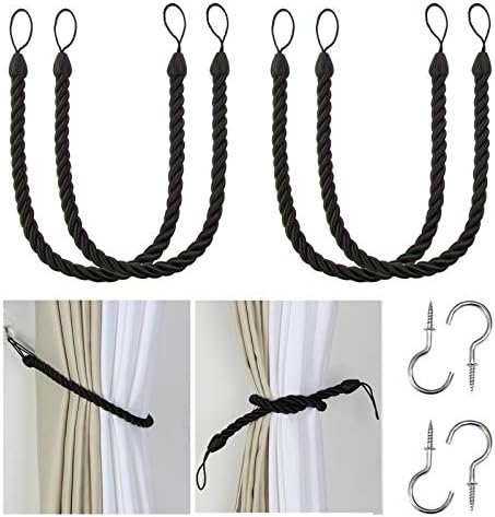 BEL AVENIR Curtain Tiebacks Ropes Tie-Backs,Handmade Holdbacks(Black,4P) by BELAVENIR