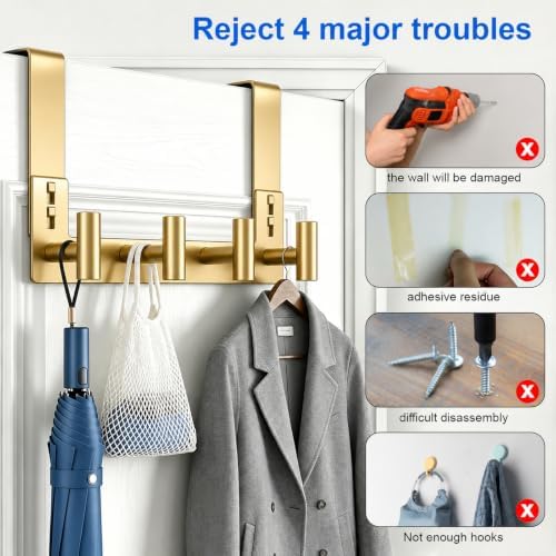 HUFEEOH Over Door Hooks, Stainless Steel Door Hanger with Non-Slip Pads, Easy Install Towel Coat Storage Fits 1-3/4" Thick Door (Gold, Fits 1-3/4" Thick Door - 4 "T” Hooks - 1 Pack) - Image 5