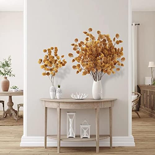 Sggvecsy 6 Pcs Fall Eucalyptus Leaves Artificial Eucalyptus Stems Long Silver Dollar Leaves Autumn Leaf Branches Fake Silk Eucalyptus for Christmas Home Autumn Thanksgiving Decor(Dark Yellow) - Image 2