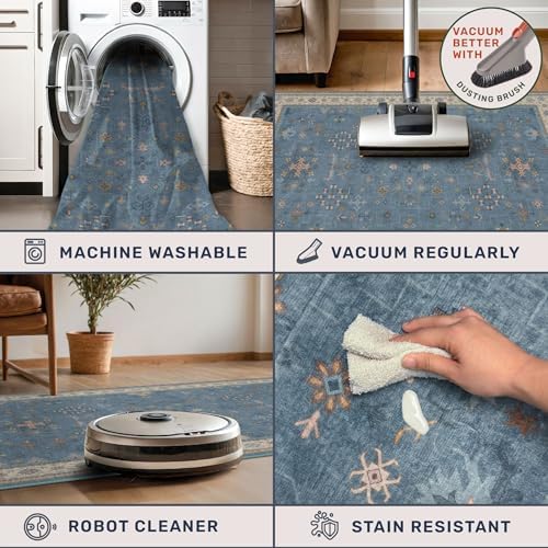 Blue 2x3 Washable Rug for Entryway Indoor, Kitchen Floor Waterproof, Bathroom, Powder Room, Non Slip Low Pile Stain & Fade Resistant, Modern Eclectic Floral Decor - Image 4