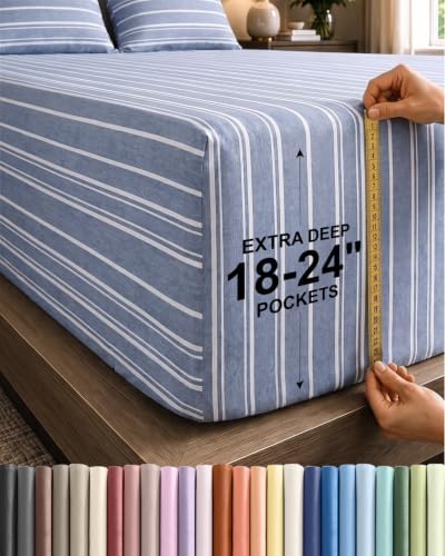 CGK Extra Deep Split King Single Fitted Sheet Only - Blue Stripes by CGKUnlimited