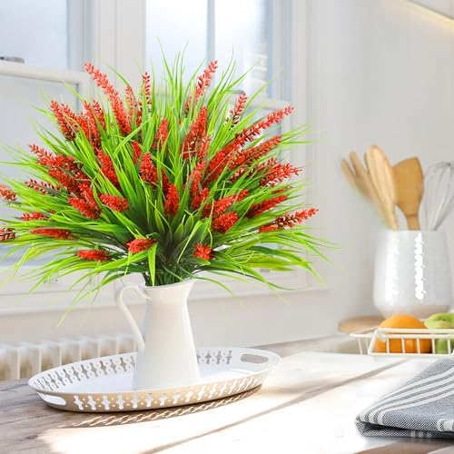 Sggvecsy 12 Bundles Artificial Plants Outdoor Faux Lavender Flowers Fake Monkey Grass UV Resistant Plastic Greenery Plants for Garden Home Porch Window Patio Hanging Planter Indoor Decor (Red) - Image 5