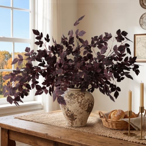 HyeFlora Artificial Cimicifuga Plant Leaf Spray Stems 4PCS Fake Greenery Branches 28.7 in Faux Leaves Real Touch Silk Plants DIY Stem for Vase Festival Home Kitchen Garden Farmhouse Decor (Burgundy) - Image 6