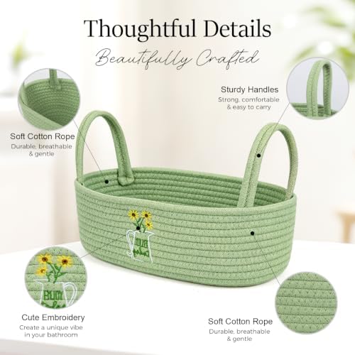 Sage Green Daisy Woven Storage Basket for Toilet Tank Top Boho Floral Cotton Rope Bathroom Countertop Organizer Basket with Handle Bathroom Decor - Image 5