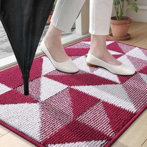 OLANLY Door Mat Indoor Entrance Washable 32x20, Odor-Free Low-Profile Front Back Geometric Doormat, Absorbent Resist Dirt Entry Carpet, Easy to Clean Sturdy Inside Floor Mats for Entryway, Burgundy - Image 2