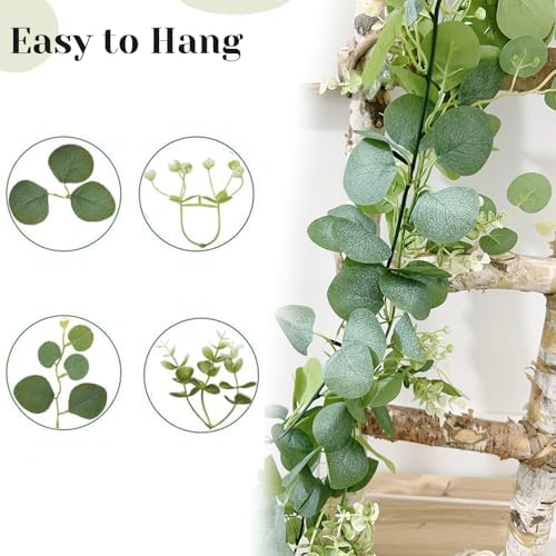 2 Pcs Artificial Eucalyptus Garland 5.9 Ft Faux Hanging Eucalyptus Leaves Vines with Flowers for Home Wedding Party Wall Decoration - Image 2