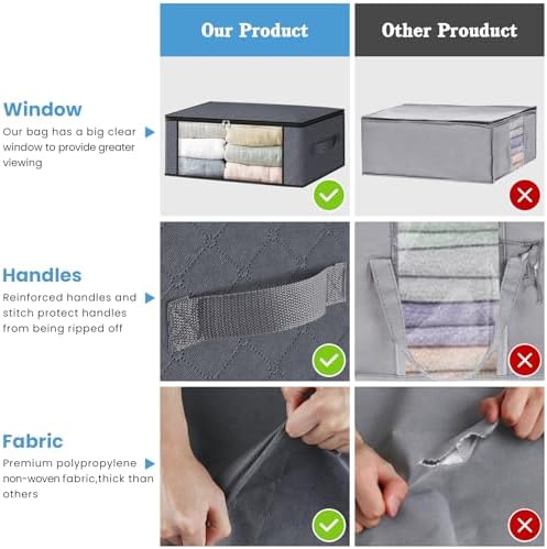 HomeHacks 6-Pack Clothes Organizer Storage Bags Foldable Storage Box with Large Clear Window Sturdy Handles for Closet, Dorm, Pillows, Bedding, Clothes, Stuffed Toys, Blankets, 35L, Grey - Image 4