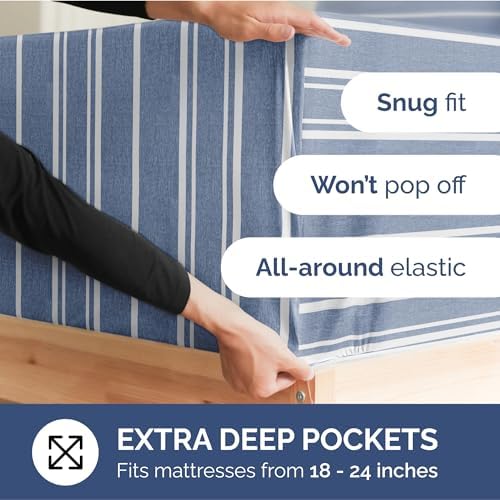 CGK Extra Deep Split King Single Fitted Sheet Only - Blue Stripes - Image 2