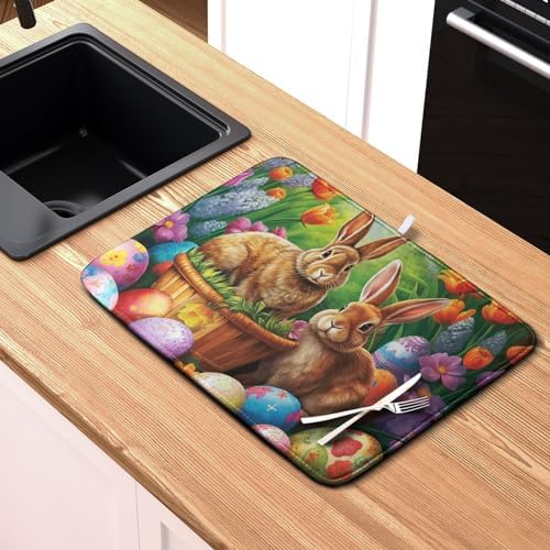 Easter Bunny Eggs Dish Drying Mat for Kitchen Counter, Tulip Floral Flower Drying Mat Spring Summer Holiday Dish Mat Drying Kitchen Mat Absorbent Kitchen Drying Mat for Sink 16x18Inch - Image 6