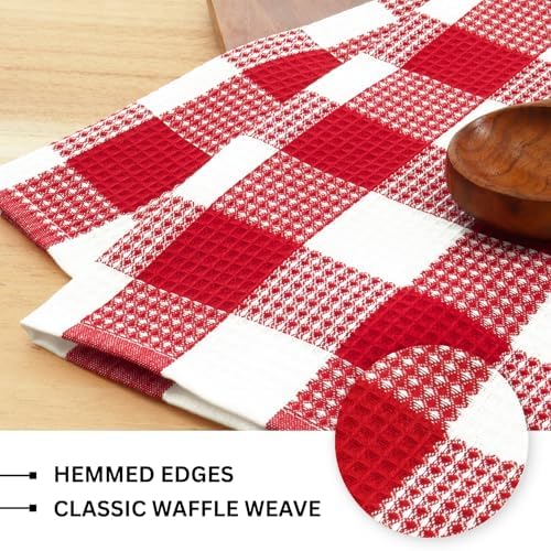 Waffle Weave Plaid Dish Cloth, DishTowel 15x25"Set of 6 - Red & White - Image 3