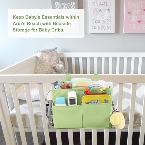 Surblue Bedside Caddy Hanging Bed Organizer Storage Bag Pocket for Bunk and Hospital Beds, College Dorm Rooms Baby Bed Rails, Camp 4 Pockets and 2 Hooks (Small,Sage Green) - Image 3