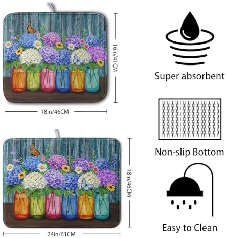 Hydrangea Dish Drying Mat Spring Summer Floral Jars Kitchen Drying Mats for Countertops Vintage Flower Vases Dish Draining Mat Microfiber Absorbent Dish Rack Pad 16x18 Inch - Image 2