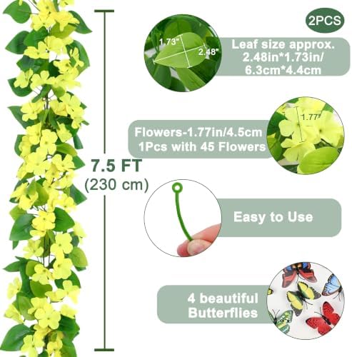 BLEUM CADE 2Pcs Fake Pothos Vines Ivy Garland with Faux Yellow Flowers - Image 5
